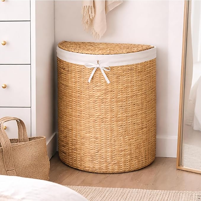 Best Choice Products Half Moon Laundry Hamper w/Lid, Woven Half Round Laundry Basket, w/Removable Liner & Bult-in Handles for Bathroom, Bedroom & Laundry Room - Natural