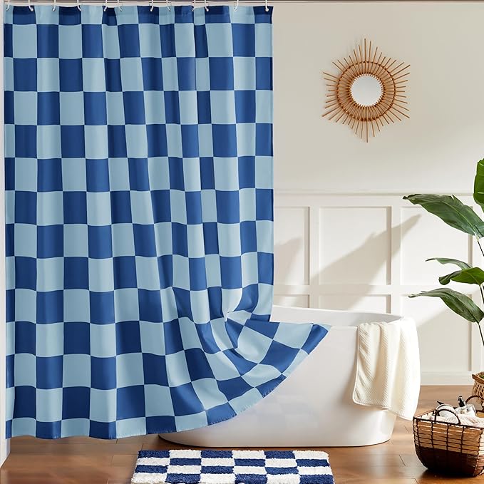 Checkered Shower Curtain, Shower Curtains for Bathroom, Cute Retro Checkboard Shower Curtain Vintage Aesthetic, Washable Fabric Bath Curtain (Double Blue, 72''x72''(183x183cm))