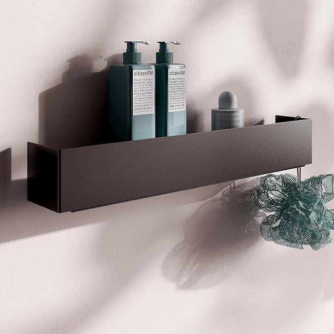Modern Black Metal Floating Shelf for Bathroom & Kitchen – 20" Minimalist Wall Shelf with Powder-Coated Finish, No-Drill or Screw Mount, European-Made Stylish Organizer for Tiles & Walls