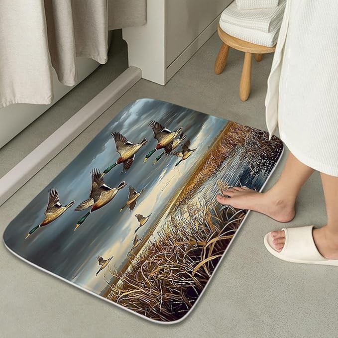 Rustic Wild Ducks Hunting FlyingBathroom Sets with Shower Curtain and 20 x 31 Rugs Bathroom Accessories Sets Decor with Bath Rug, Bath Mat, U-Shaped Contour and Hooks 72 x 72 Inch Brown and Teal