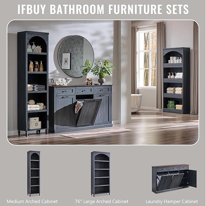 IFBUY Triple Tilt Out Laundry Hamper Cabinet, 20 Gallon Farmhouse Trash Can Cabinet w/Drawer & Adjustable Shelf, Hidden Garbage Can Bin Cabinets w/Laundry Basket for Bathroom, Kitchen (Dark Grey)