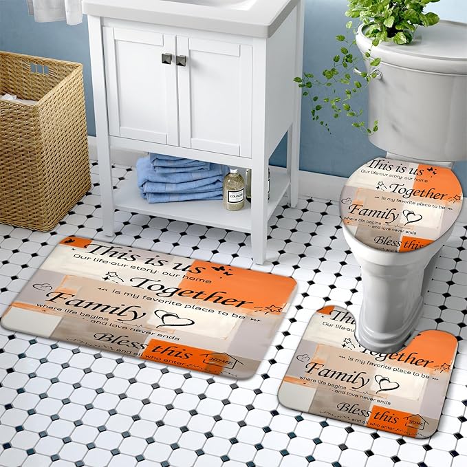 Lnond 4Pcs Bathroom Shower Curtain Sets with Rugs, Orange Motivational Home Family Bathroom Sets with Shower Curtain and Rugs and Accessories