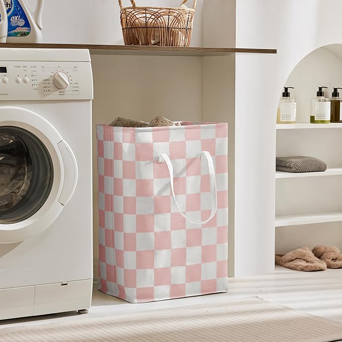 Checkered Laundry Hamper, Pack of 2, Large Pink Collapsible Cloth Hampers Basket for Storage Girls Wome Organization Cute Aesthetic, 2 x 75L