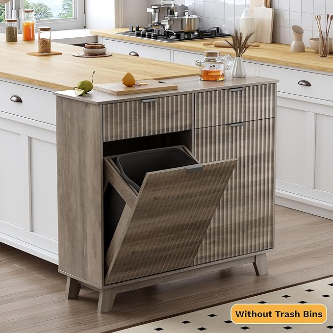 Double Tilt Out Laundry Hamper Cabinet, 20 Gallon Wooden Trash Can Cabinet with Storage Drawers, Hidden Fluted Garbage Can Holder for Kitchen, Living Room (Wood Grey, 39.34"W x 35.83"H x 13"D)