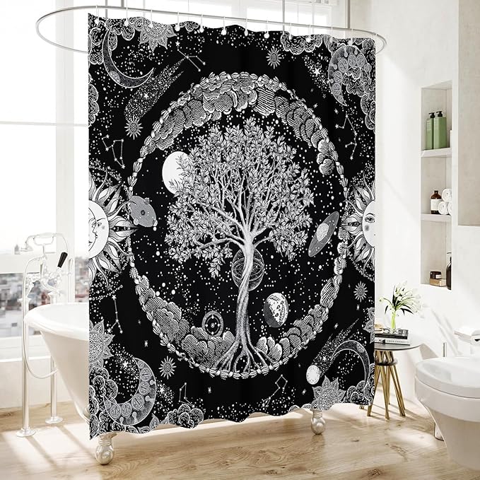 HMS Happy Memories Bohemian Plant Boho Floral Print Shower Curtain, Polyester Fabric Cloth for Bathroom Decor 72×72 Inch Standard Size with 12 Hooks, Also as Room Divider (Black Tree)