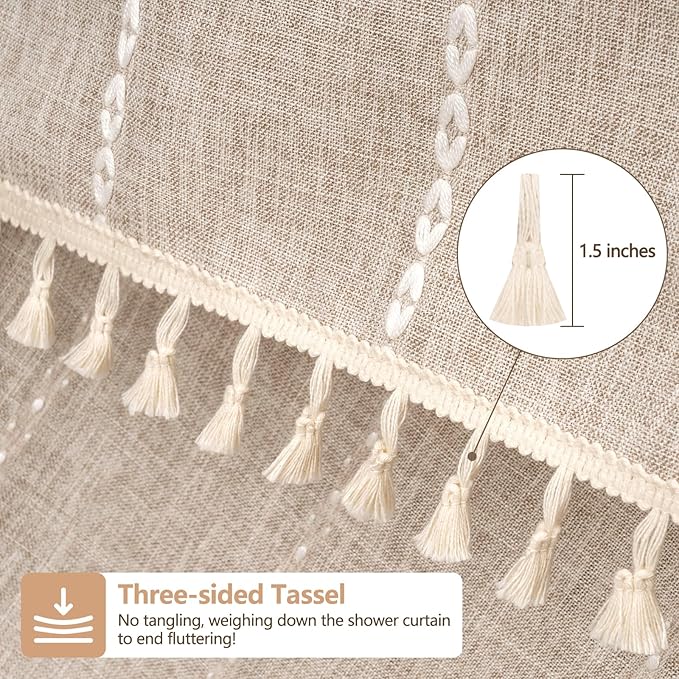 Boho Farmhouse Shower Curtain Heavyweight with Tassels, 72 x 84 Inch Extra Long Taupe Linen Textured Fabric Shower Curtain for Bathroom, Tan and White Striped Bath Décor Curtain Water Repellent