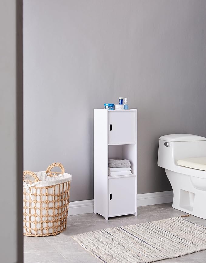 KB Designs - White Bathroom Floor Storage Cabinet, Open Shelve with Doors