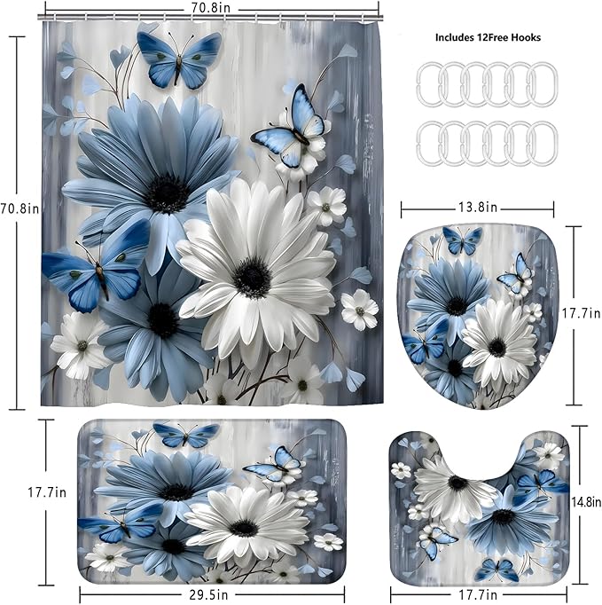 AZHM 4PCS Daisy Shower Curtain Sets with Rugs Blue and White Floral with Butterfly Bathroom Decor Set with Rugs and Accessories Farmhouse Country Shower Curtains for Bathroom