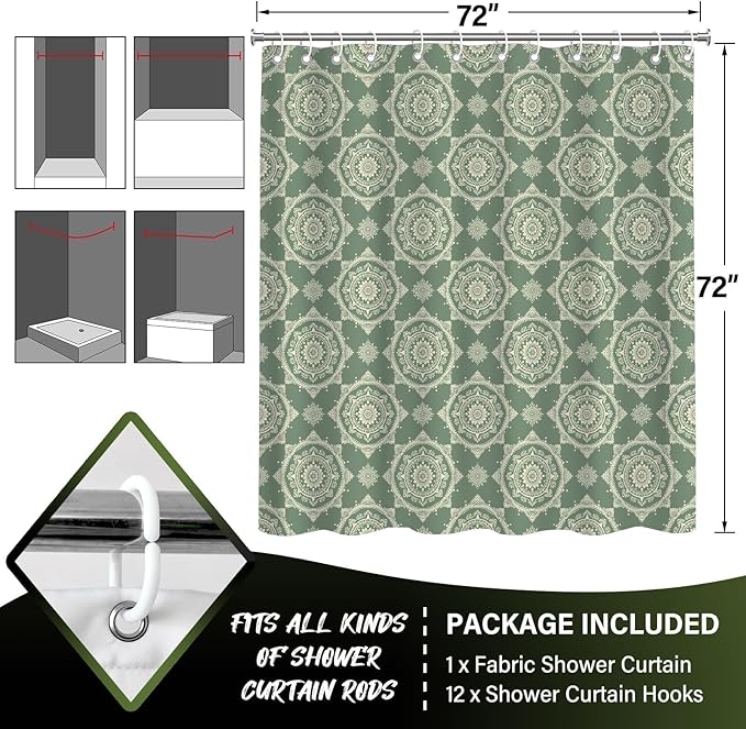 Boho Green Sage Shower Curtains for Bathroom,Funny Bohemian Mandala Shower Curtain,Aesthetic Waterproof Polyester Boho Bathroom Decor,72x72 Inch