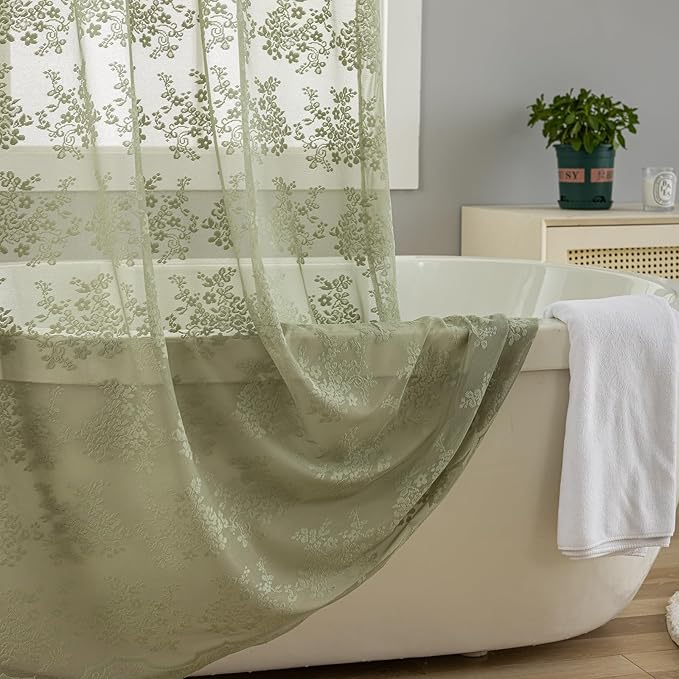YJ YANJUN Boho 72x84 inch Shower Curtain Sage Green Lace Long Shower Cutain 84 Length Fancy See Through Shower Curtain 9 Foot Farmhouse Vintage Country Spring Summer Bathroom Décor 72" x 84"