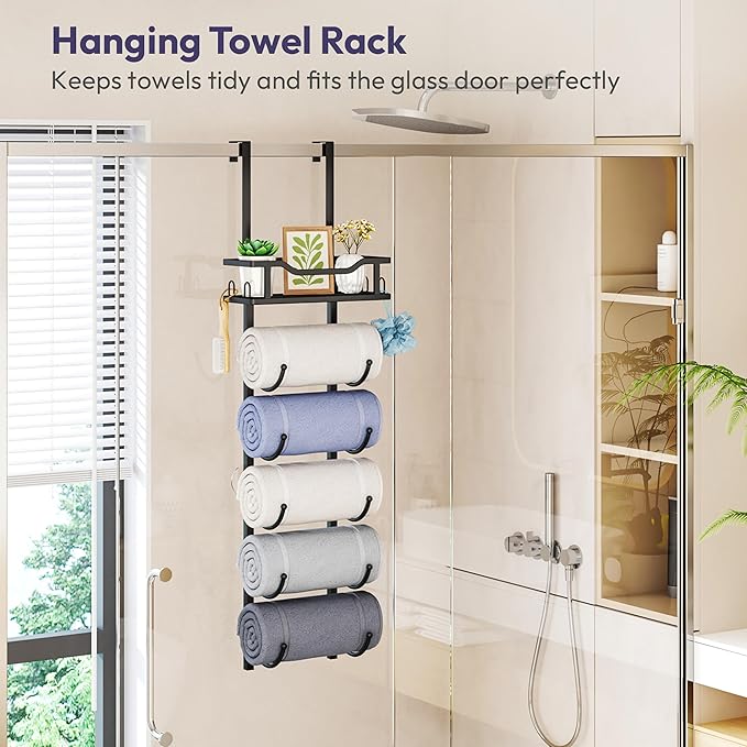 SWTYMIKI Over the Door Towel Rack - 6 Tier Towel Racks for Bathroom Wall Mounted, Towel Holder with Shelf, Hanging Rolled Towel Storage Organizer for Small Bathroom, Camper, RV, Black
