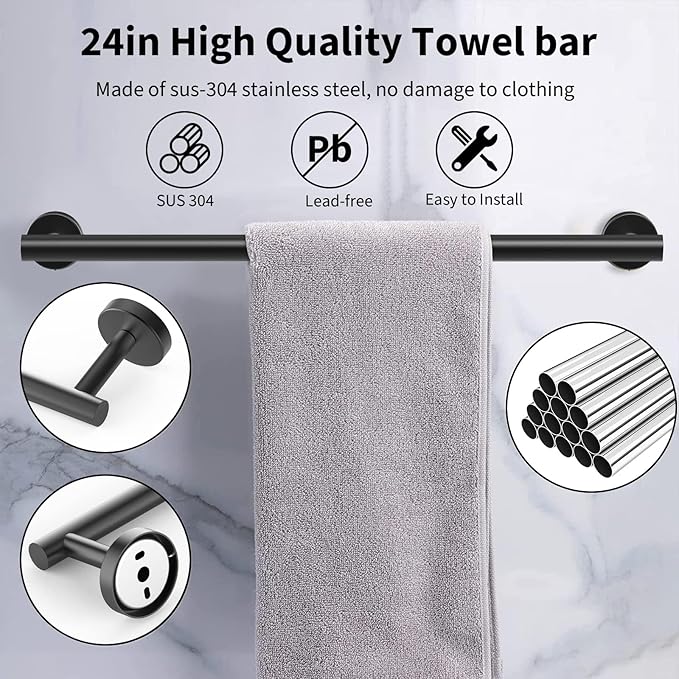 Newfun 10-Pieces Bathroom Hardware Set, Includes 24 Inch Towel Racks for Bathroom Wall Mounted, Toilet Paper Holder, Towel Hooks for Bathrooms, Towel Rings for Bathroom Wall (Matte Black)