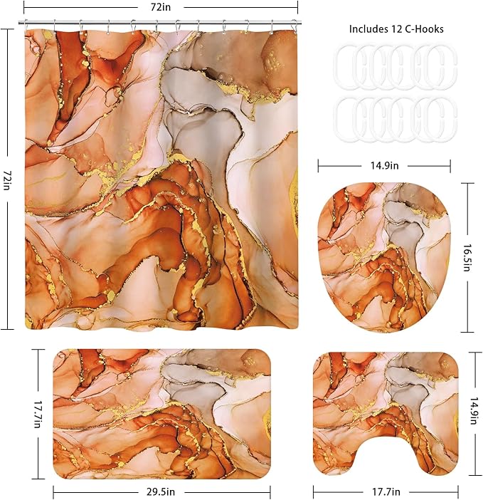 4PCS Burnt Orange Marble Shower Curtain Sets with Rugs, Abstract Bathroom Sets with Shower Curtain Rugs, Luxury Bathroom Curtains Shower Set with Toilet Lid Cover Modern for Bathroom Decor