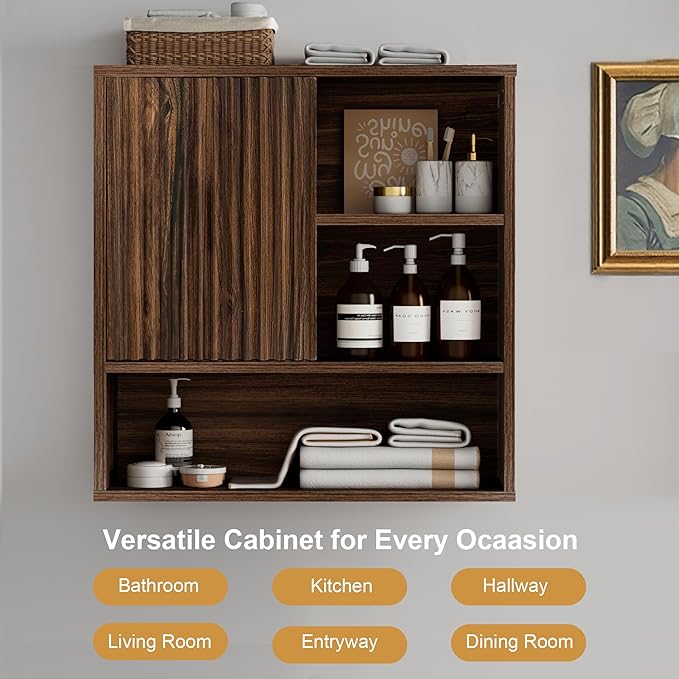 Farmhouse Bathroom Wall Cabinet Fluted,Medicine Cabinet Over The Toilet Storage Cabinet with Adjustable Shelf, Wood Wall Mounted Storage Cabinet Organizer 23.2Wx24Hx7.6D (Dark Walnut, Medium)