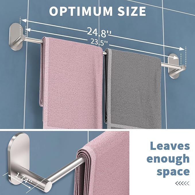 Self Adhesive Towel Bar for Bathroom 24ich Stainless Steel and Zinc Alloy No Drill Towel Rack Heavy Duty Hanger Stick On Hand Towel Holder for Kitchen, Cabinet, Door, Shower, Brushed Nickel