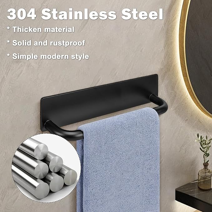 Livabber Self Adhesive Hand Towel Holder- 304 Stainless Steel Hand Towel Bar for Bathroom Kitchen Stick on Wall, Towel Ring No Drilling, 9 Inch (Black)