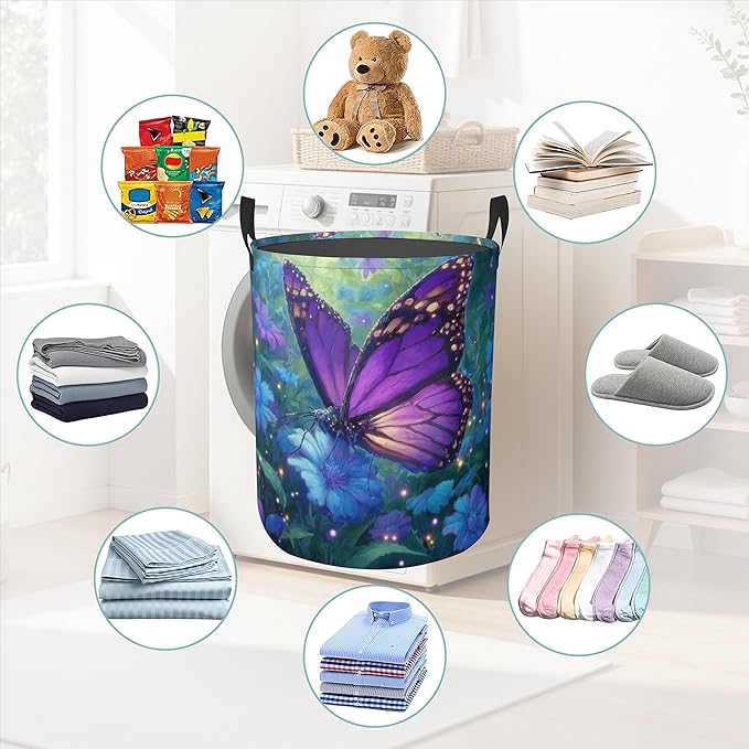 Laundry Hamper Foldable Oxford Cloth Purple Butterfly Flower Laundry Basket With Handle Portable Clothes Storage Organizer Basket Storage Bag For Laundry Room/Bedroom/Bathroom
