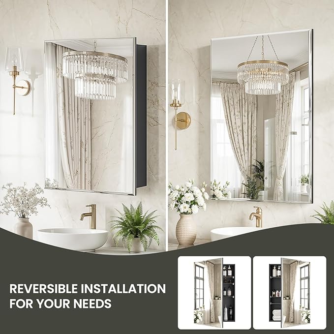 16x24 Medicine Cabinet with Mirror, 6 Adjustable Tempered Glass Shelves, Matte Black Aluminum Bathroom Storage, Soft-Close DTC Hinges, Surface or Recessed Mount, Tempered Beveled Mirror