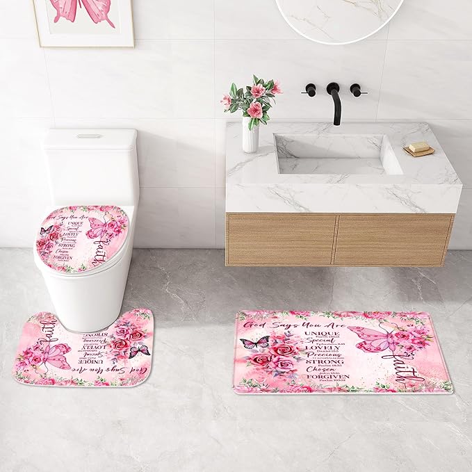 Litabel 4 Pcs Pink Butterfly Inspirational Quotes Shower Curtain Set with Rugs and Toilet Lid Cover, Colorful Boho Waterproof Fabric Bathroom Set, Bible Verse Floral Bathroom Decor Set Accessories