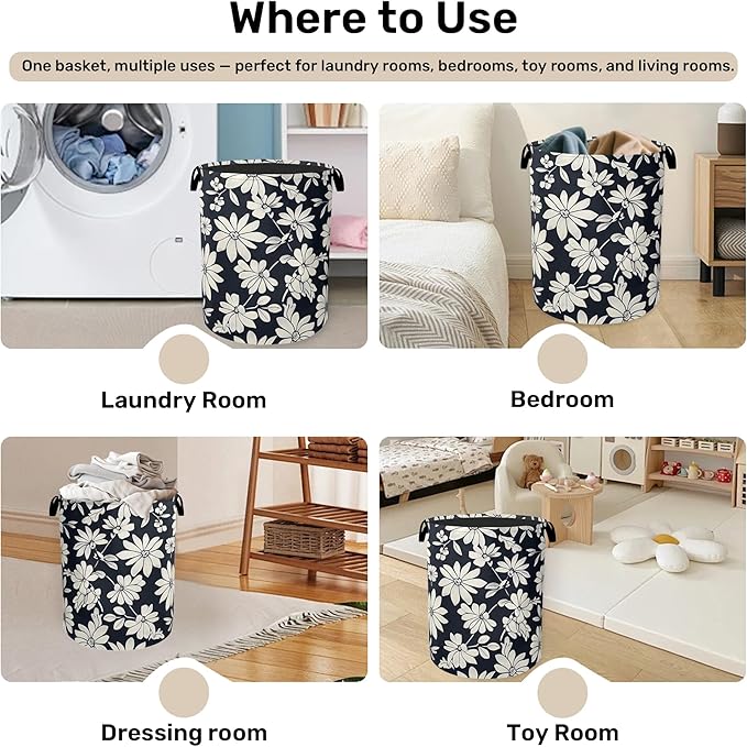 Black White Daisy Laundry Basket - Heavy Duty 60L Dirty Clothes Organizer, Water Resistant Foldable Hamper for Men Women