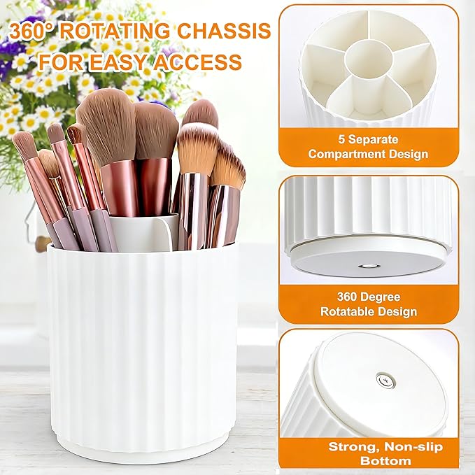 360 Rotating Makeup Brush Holder Organizer, Dustproof Storage Organizer with 5-Slot, Multifunctional Pen Holder for Makeup Brush Mascara or Eyeliner, White-A