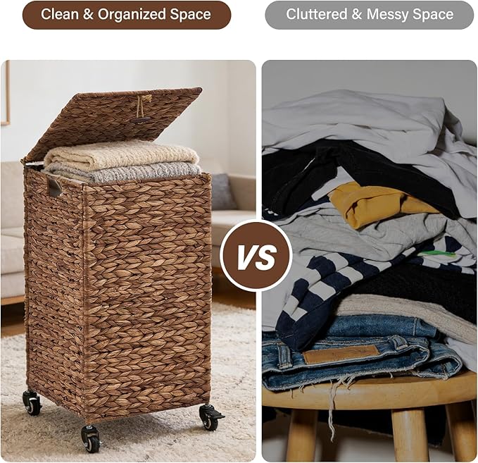 Hand-Woven Laundry Basket with Wheels, Natural Water Hyacinth Laundry Hamper with Lid, Removable & Machine-Washable Liner,Clothes Hamper for Bathroom and Laundry Room(65L,Espresso)
