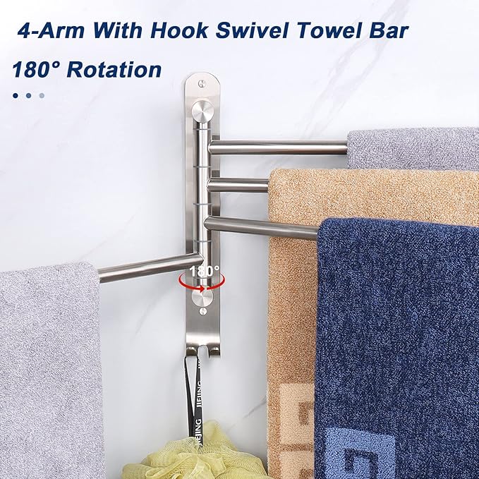 NearMoon Swivel Towel Rack, 13.8" Thicken 304 Stainless Steel 4-Arm Towel Bar, Space Saving Wall Mounted Towel Holder with Hook, Rustproof Swing Out Towel Hanger for Bathroom, Kitchen (Brushed Nickel)