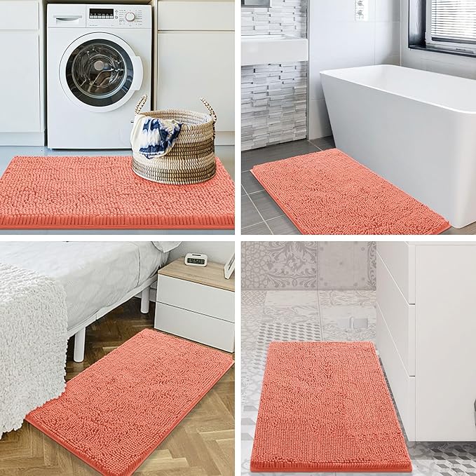 Smiry Luxury Chenille Bathroom Rugs 24x16, Extra Soft and Absorbent Shaggy Bath Mat, Machine Washable, Non-Slip Plush Carpet Runner for Tub, Shower, and Floor, Home Decor Accessories, Coral