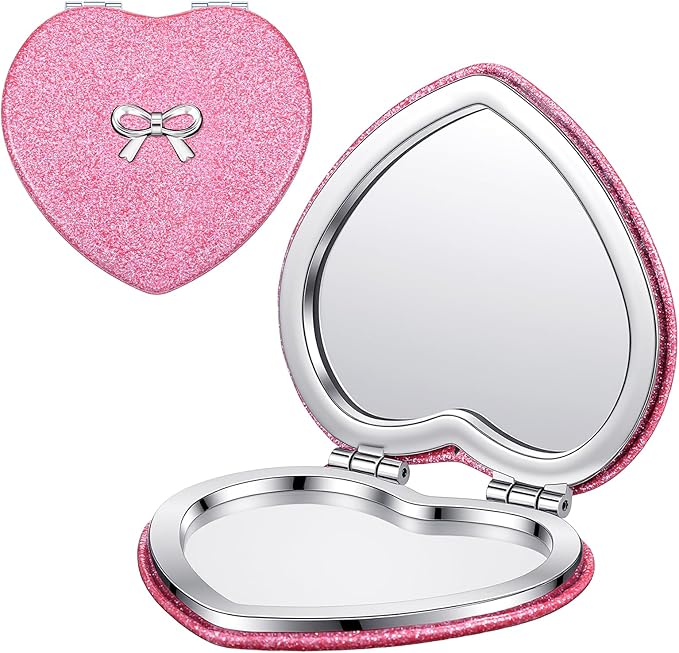 Qianyu Compact Folding Mirror Heart Shaped Double-Sided 1X/2X Magnifying Mirror Cute Mini Glitter Makeup Mirror with PU Leather Ultra-Portable Cosmetic Mirror for Women Home Office Travel (Rose red)