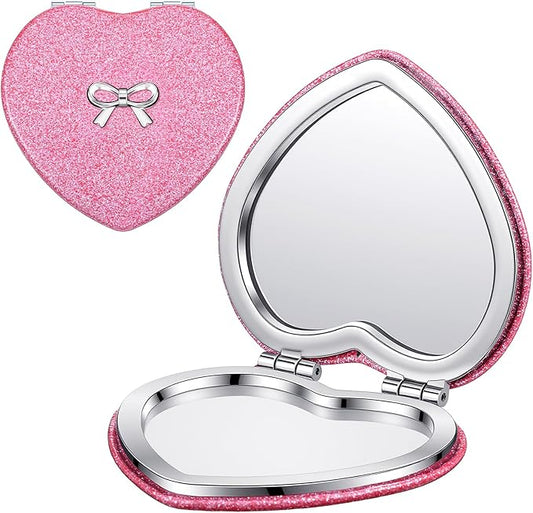 Qianyu Compact Folding Mirror Heart Shaped Double-Sided 1X/2X Magnifying Mirror Cute Mini Glitter Makeup Mirror with PU Leather Ultra-Portable Cosmetic Mirror for Women Home Office Travel (Rose red)