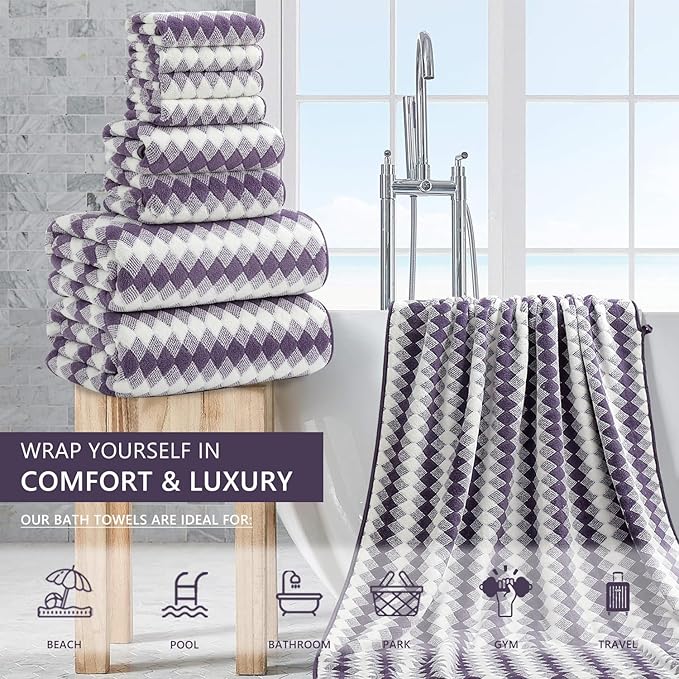 8 Piece Bathroom Towel Set |2 Oversized Bath Towels,2 Hand Towels,4 Washcloths| 600GSM Soft Hotel Towel Set Extra Large Bath Sheet for Bathroom,Highly Absorbent Quick Dry Bath Towel Collections,Plum