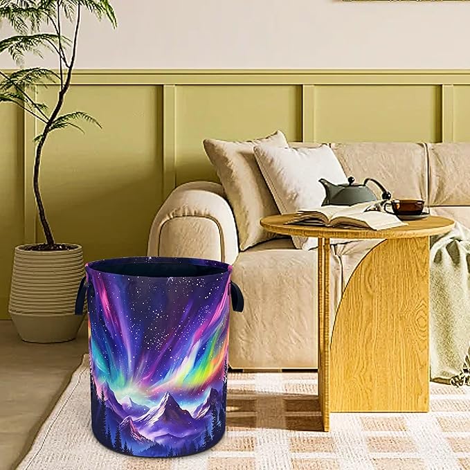 Aurora Mountains Laundry Basket Night Sky Forest Foldable Waterproof Oxford Cloth Funny Tote Bag Laundry Hamper Clothes Storage Bucket Toy Organizer For Bathroom/Laundry Storage/Bedroom 18.9x16.5 Inch
