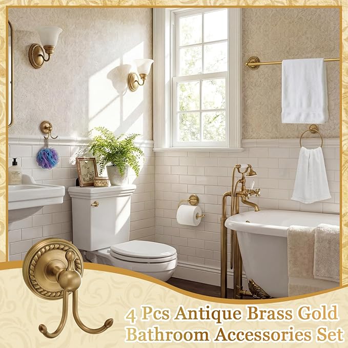 4 Pcs Antique Brass Gold Bathroom Accessories Set Wall-Mounted Towel Rack & Towel Ring & Toilet Paper Holder & Robe Hook, Wall Mounted Brass Vintage Bath Hardware Fixture Set(Style 5)