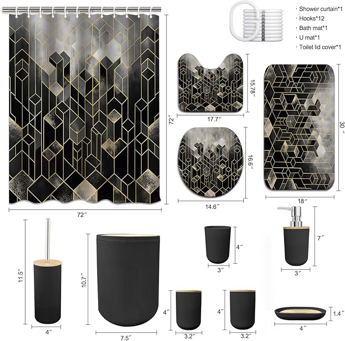 Lnond Black Bathroom Set, Black Abstract Cubes Bathroom Accessories Sets Complete, Luxury Restroom Set with Shower Curtain and Rugs, Trash Can, Toilet Brush Holder Set & Soap Dispenser