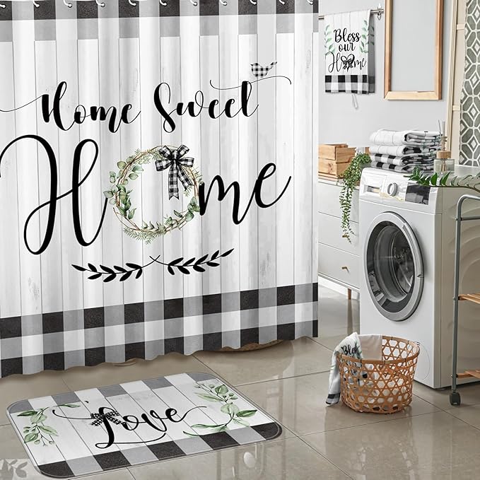FuWeave 8 Pcs Black and White Shower Curtain Sets for Home Bathroom Green Eucalyptus Decor Rustic Plaid Bathroom Accessories Shower Curtain Sets with Towels Carpet Bath Mat Toilet Rugs and 12 Hooks