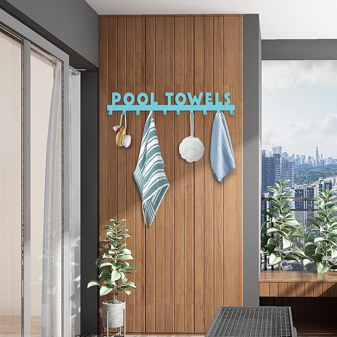 IBosins Large Pool Towel Rack with 10 Hooks, Towel Holder Wall Mounted for Outdoor, Towel Hanger for Hanging Bathrobes, Towels, Clothes - Perfect Pool Area Outside Sign and Decor (Blue)