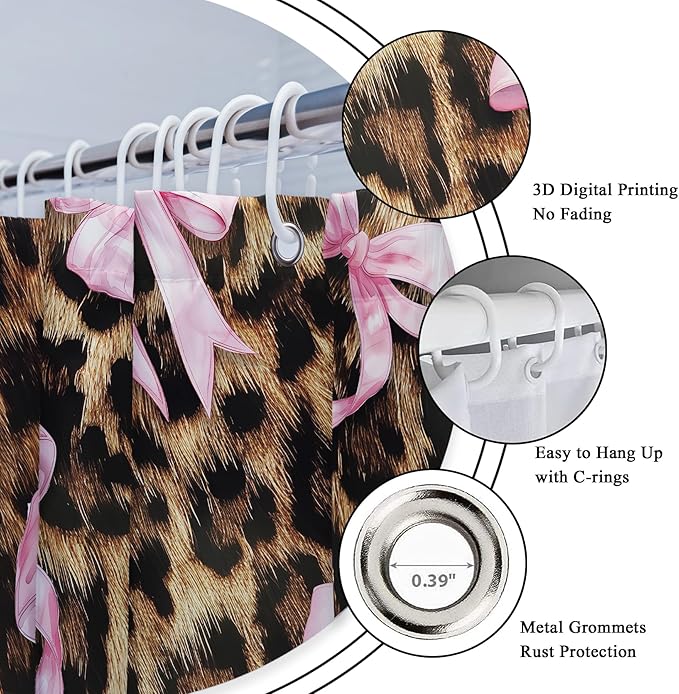 LIGHTINHOME 4 PCS Leopard Print Bow Shower Curtain Set 72Wx72H,Toilet Lid Cover,Non-Slip Rugs and U-Shaped Mat,Girly Pink Cheetah Bathroom Sets with Rugs Shower Accessories 12 Hooks for Bathroom Decor