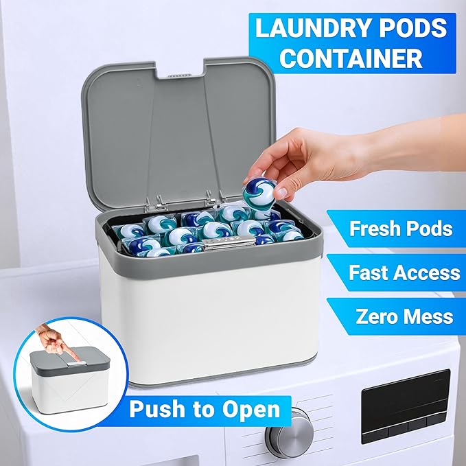 Skywin TidyFriend Laundry Pods Container with Push Up Lid, 10" x 7.4" x 6.7", Airtight Storage Keeps Pods Fresh, Laundry Detergent Container & Dishwasher Pod Holder (Grey)