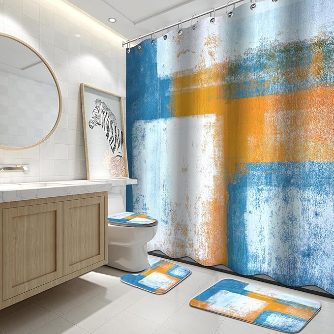 Lnond 4Pcs Bathroom Shower Curtain Sets with Rugs,Blue Orange Painting Art Bathroom Sets with Shower Curtain and Rugs and Accessories
