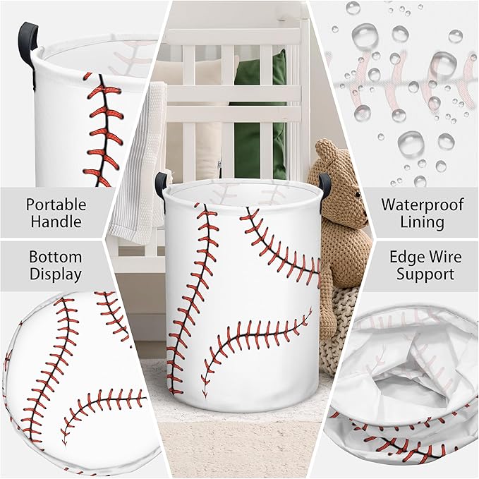Baseball Laundry Basket, Collapsible Waterproof Oxford Cloth Laundry Hamper, Funny Round Kids Toys Storage Basket as Room Decor, Dirty Clothes Hamper for Bedroom Bathroom Dorm
