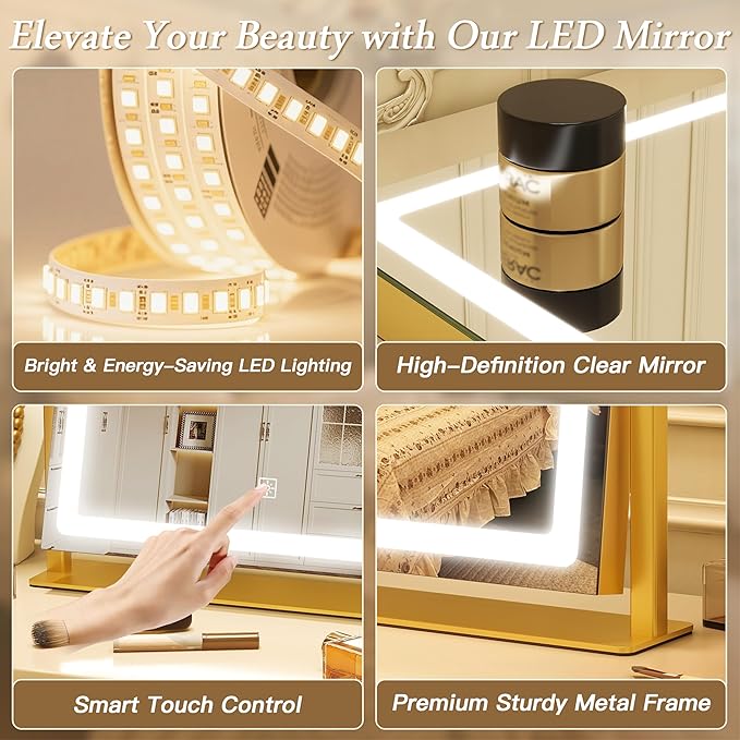 12" x16" LED Vanity Mirror with Lights, Gold Makeup Mirror with Lights, 10X Magnification Mirror with 3 Color Modes＆Dimmable, Light up Makeup Mirror for Vanity Desk, Travel