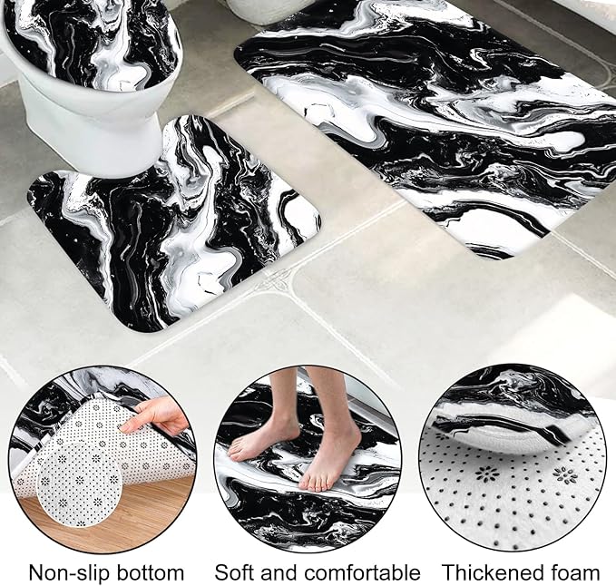 Lnond 4Pcs Marble Bathroom Sets with Shower Curtain and Rugs, Black Marble Modern Art Bathroom Shower Curtain Sets with Rugs and Accessories