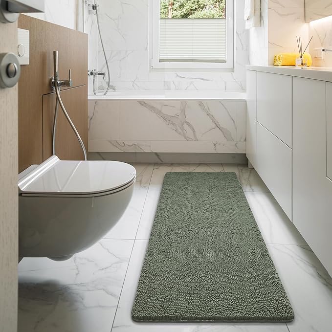 LOCHAS Luxury Bathroom Rug Shaggy Bath Mat 24 x 60 Inch, Washable Non Slip Bath Rugs for Bathroom Shower, Soft Plush Chenille Absorbent Carpets Mats, Sage Green