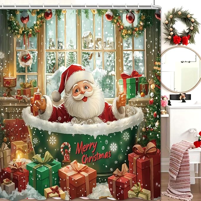Dreamrflove Christmas Shower Curtain，Santa Claus Tub ，Winter Christmas Shower Curtains for Bathroom ，Cute Funny Shower Curtain，72x72 Inch Waterproof Polyester Insulated Home Decor Set ，with Hooks
