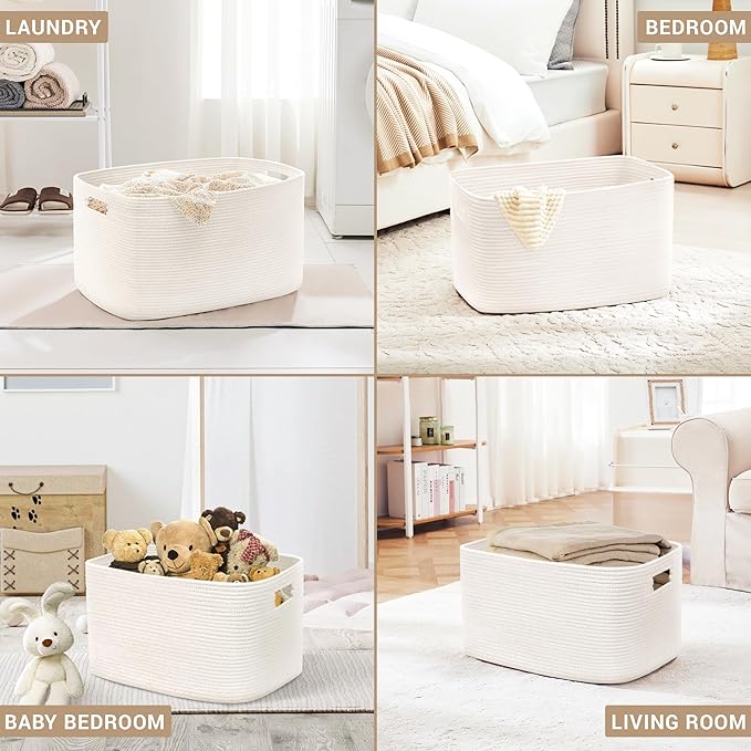 100L Extra Large Baby Girls Laundry Basket for Nursery Storage,Cute Woven cotton Rope Baskets for Kids Toy，Gifts, Boho Square Wicker Blanket hamper for Living Room,Bedroom Dirty Clothes, White