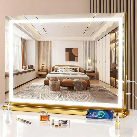 halumao Vanity Mirror with Lights, 31.5" x 23.6" Large Makeup Mirror with LED Lights, Smart Touch Dimmable 3-Color Light, Memory Function, USB Charging Port