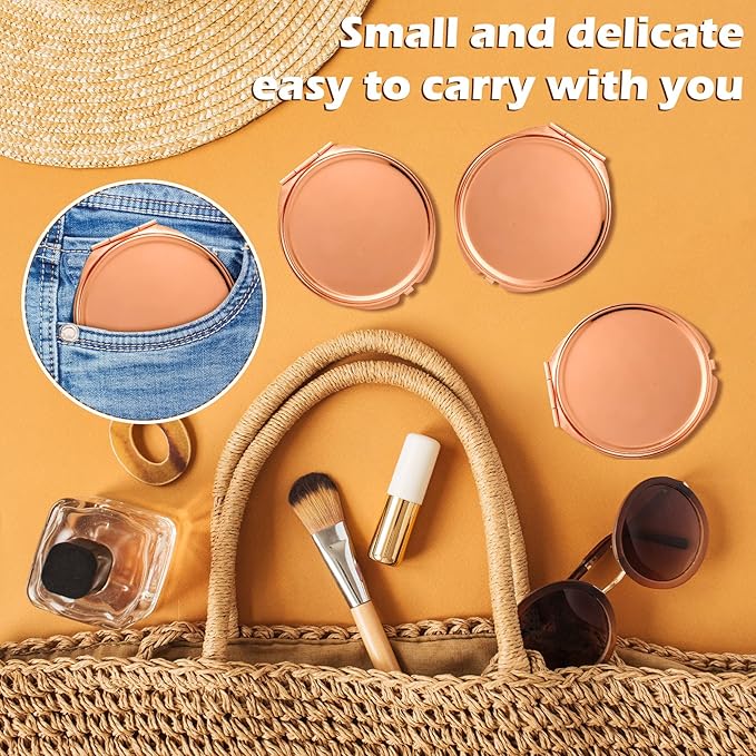 Yalikop 8 Pcs Rose Gold Compact Mirror Bulk, Metal Round Shell, 1x 2x Magnification Double Sided, Portable, Folding, Mini Travel Pocket Mirror for Women Girls Party Favor Bridesmaid Christmas Gifts