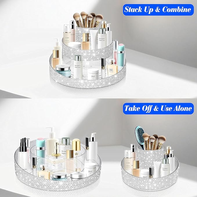 Yivaiks Bling 360 Rotating Makeup Organizer,Shiny Lazy Susan Cosmetic Storage Turntable for Skincare,Perfume & Lipstick,Glitter Round Spinning Tray with Brush Holder for Vanity,Bathroom (10"L x 10"W)