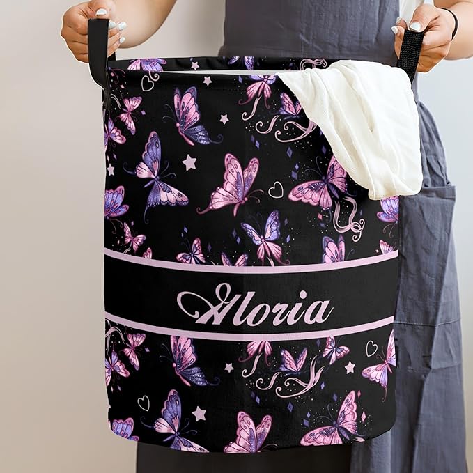 Large Custom Name Laundry Hamper, Butterfly Personalized Dirty Clothes Hamper Storage Basket with Name for Bathroom Bedrooms, Customized Name Circular Hamper with Handles for Baby Boys Girls Men Women