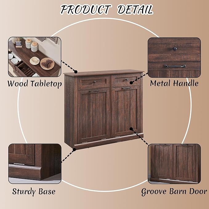 IFBUY Double Tilt Out Laundry Hamper Cabinet, 20 Gallon Farmhouse Trash Can Cabinet with Drawer, Hidden Wood Garbage Can Bin Cabinet with Laundry Storage Basket for Bathroom, Kitchen, Brown